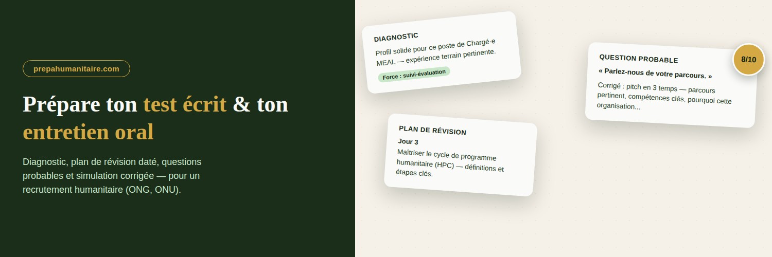 Prépare ton test écrit et ton entretien oral : diagnostic, plan de révision daté, questions probables et simulation corrigée pour un recrutement humanitaire (ONG, ONU)